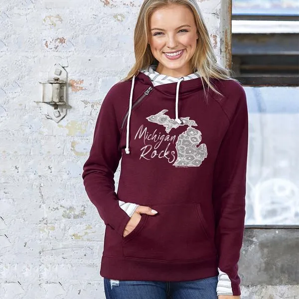 "Michigan Rocks Petoskey Stone" Women's Striped Double Hood Pullover