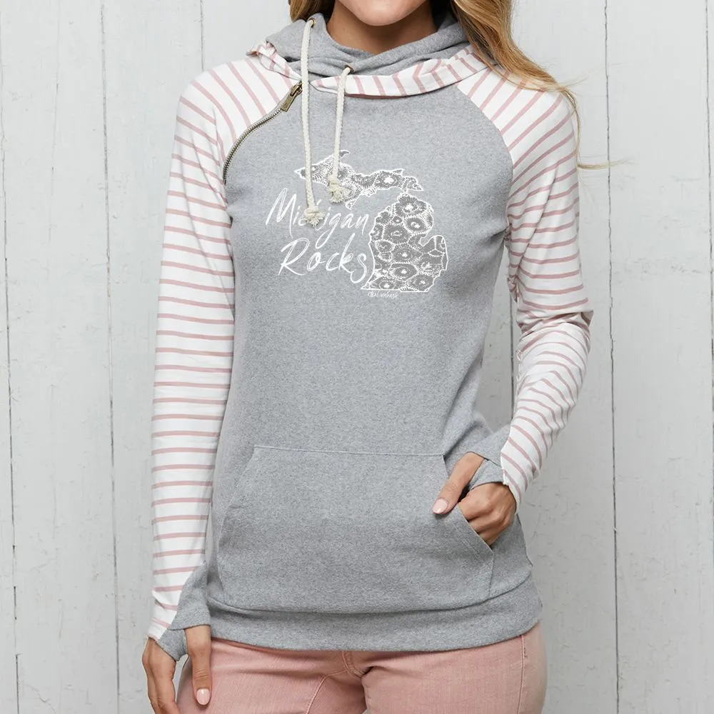 "Michigan Rocks Petoskey Stone" Women's Striped Double Hood Pullover
