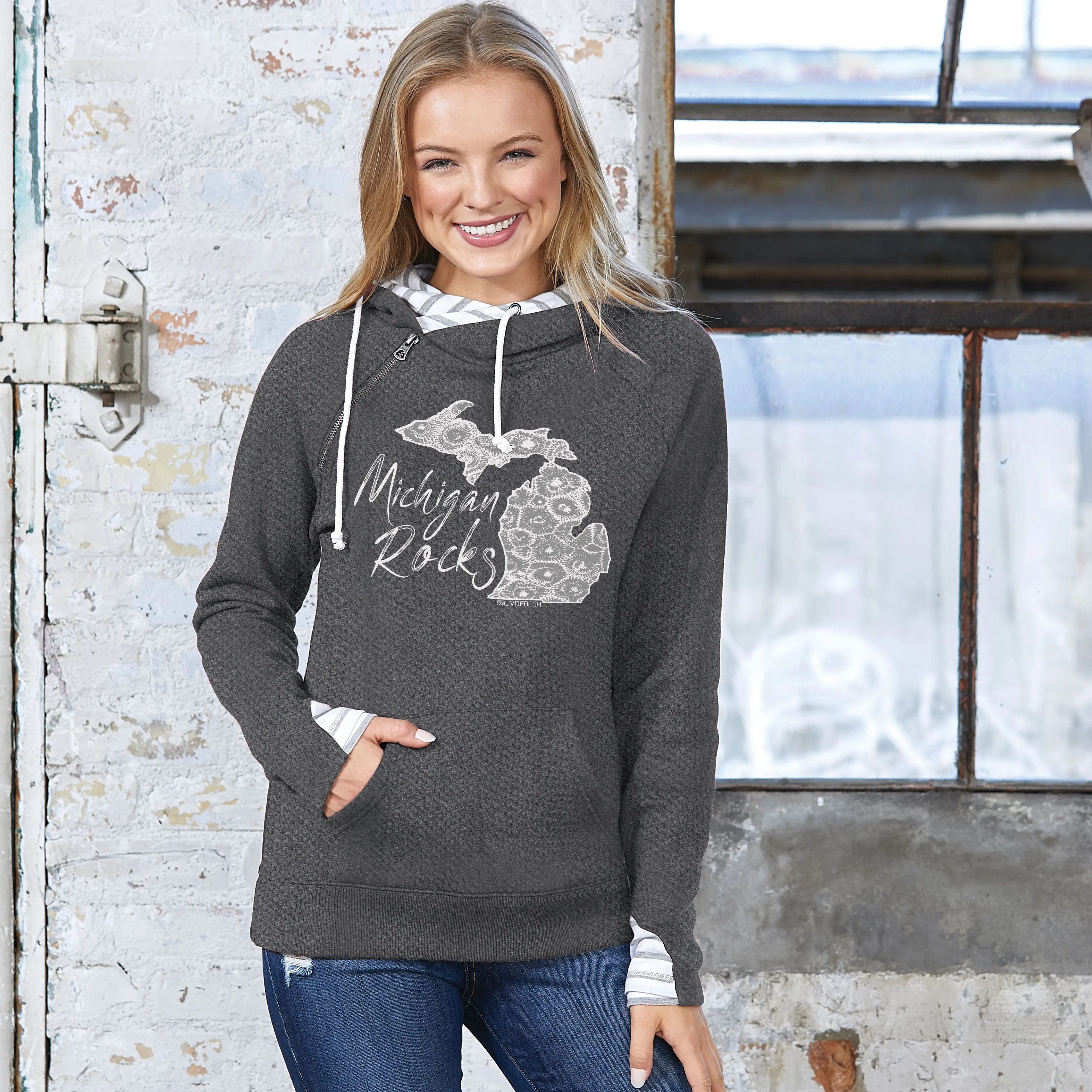"Michigan Rocks Petoskey Stone" Women's Striped Double Hood Pullover