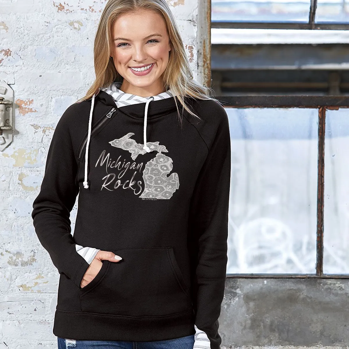 "Michigan Rocks Petoskey Stone" Women's Striped Double Hood Pullover