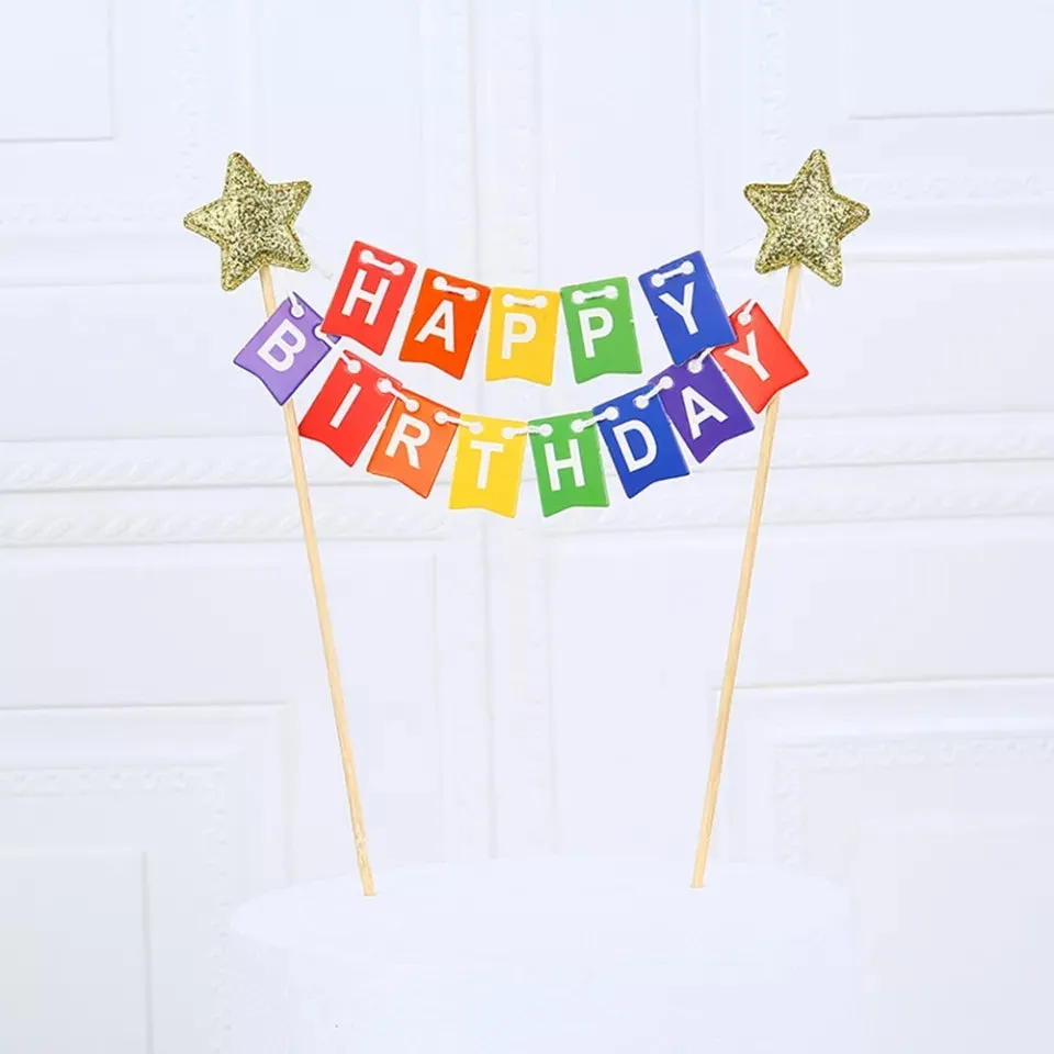 RAINBOW FLAG BANNERS HAPPY BIRTHDAY PAPER CAKE TOPPER