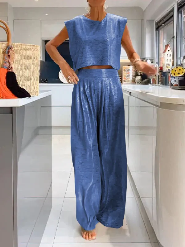 Rebeca® | Casual shiny women's vest and wide trousers in a set