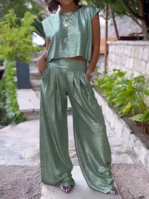 Rebeca® | Casual shiny women's vest and wide trousers in a set