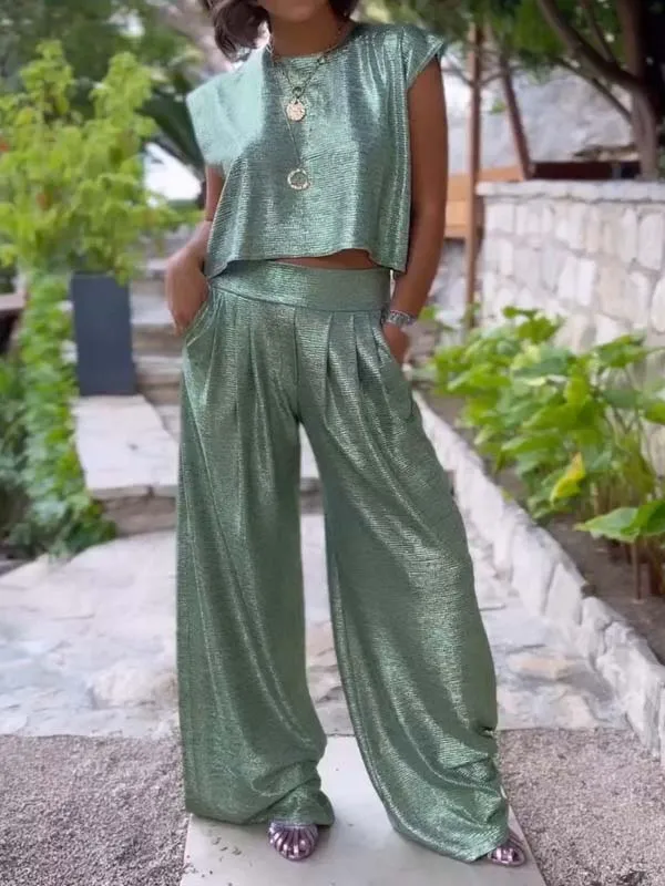 Rebeca® | Casual shiny women's vest and wide trousers in a set