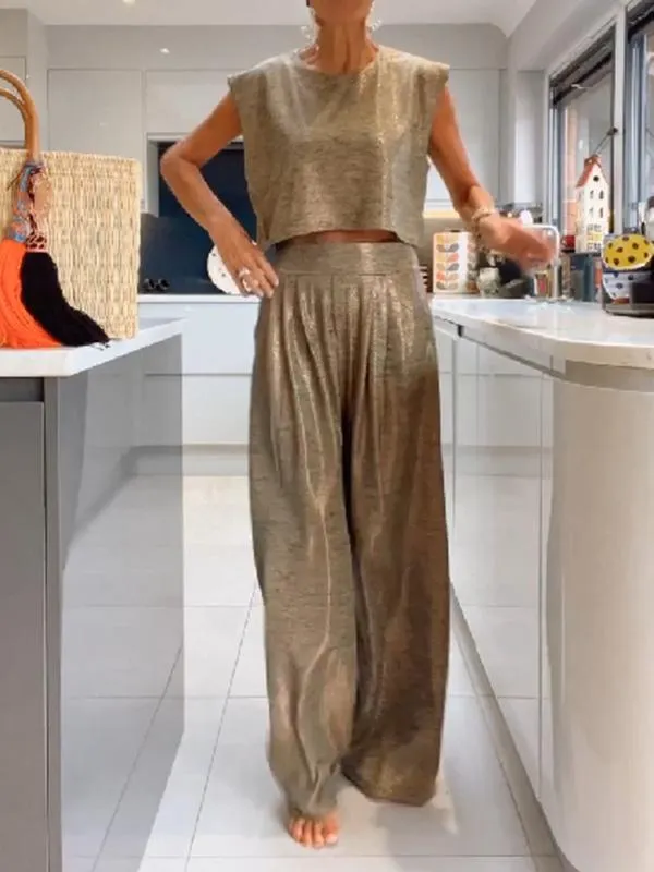 Rebeca® | Casual shiny women's vest and wide trousers in a set