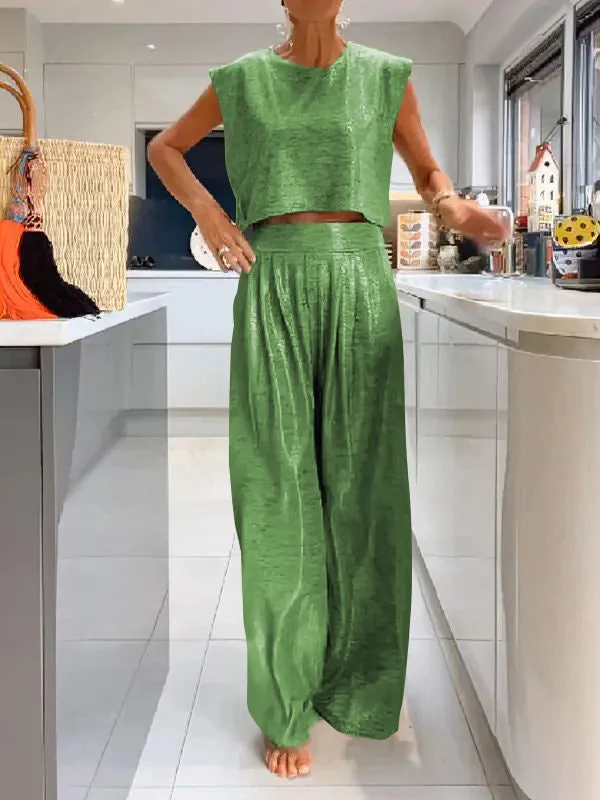 Rebeca® | Casual shiny women's vest and wide trousers in a set