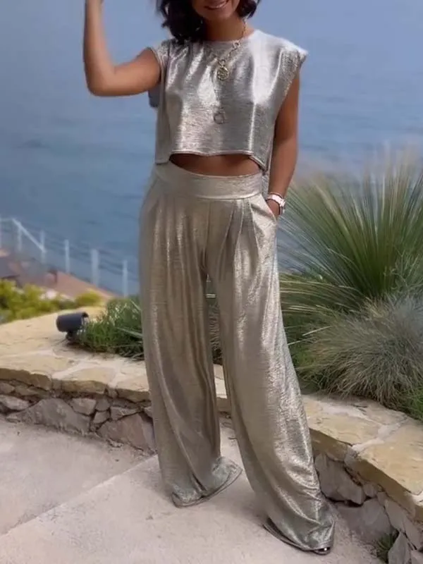 Rebeca® | Casual shiny women's vest and wide trousers in a set