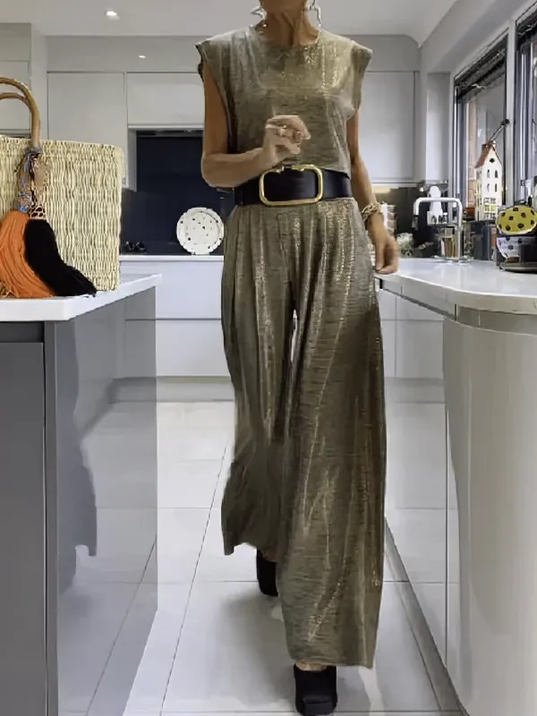 Rebeca® | Casual shiny women's vest and wide trousers in a set