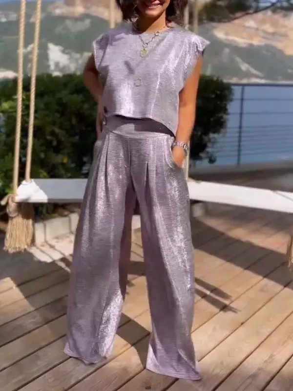 Rebeca® | Casual shiny women's vest and wide trousers in a set