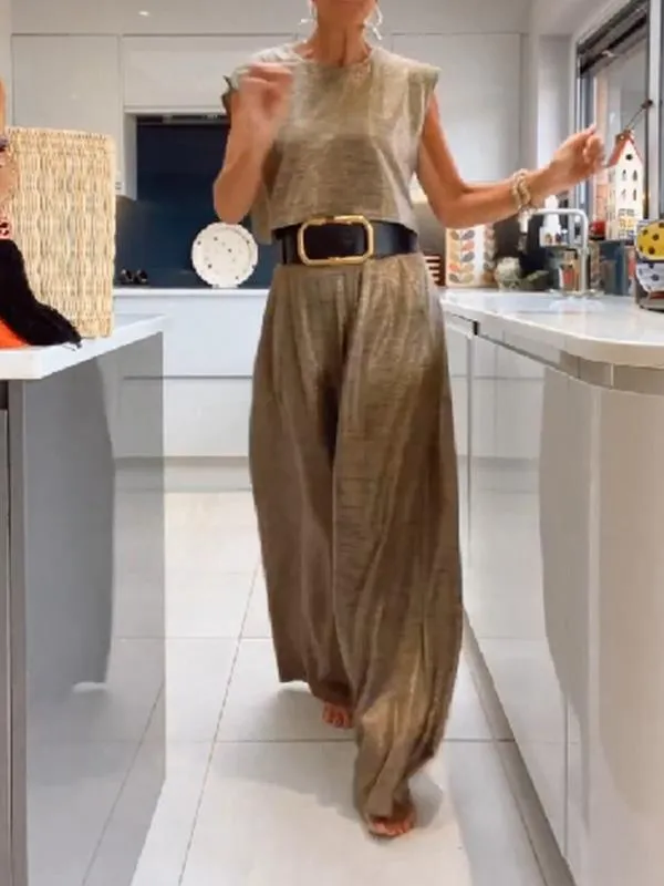 Rebeca® | Casual shiny women's vest and wide trousers in a set