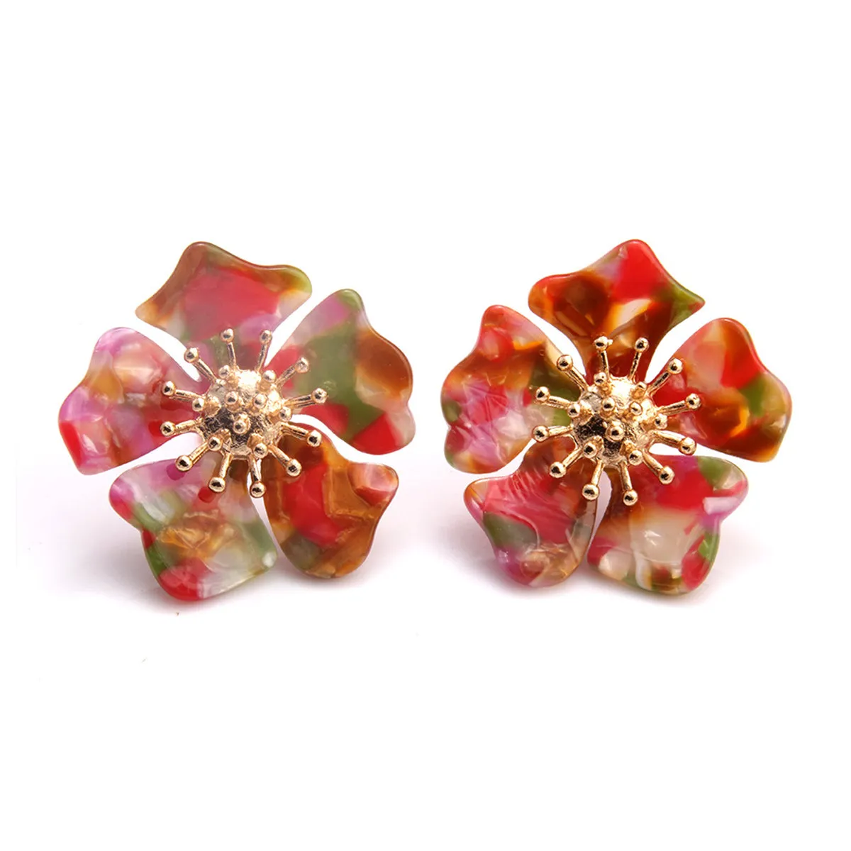Red Acrylic & 18K Gold-Plated Multicolor Flower Stud Earrings