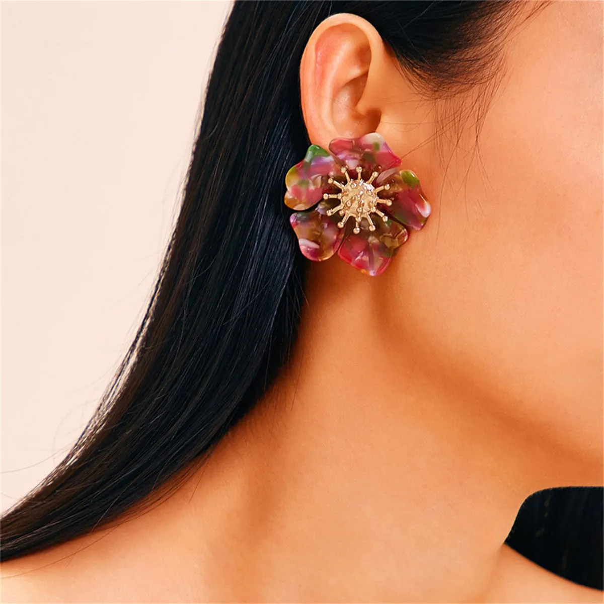 Red Acrylic & 18K Gold-Plated Multicolor Flower Stud Earrings
