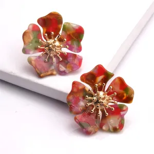 Red Acrylic & 18K Gold-Plated Multicolor Flower Stud Earrings
