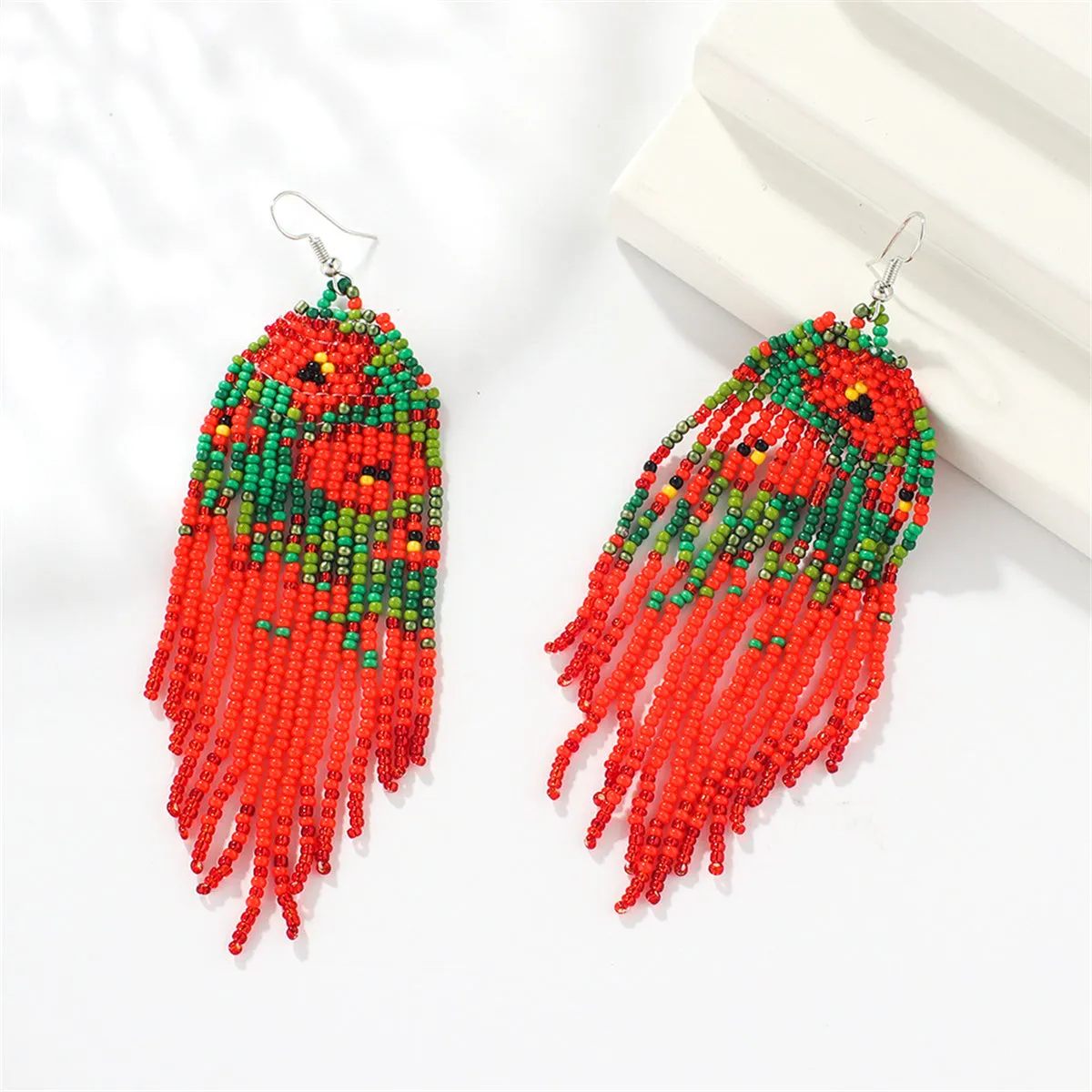 Red Acrylic & Howlite Poppy Tassel Drop Earrings