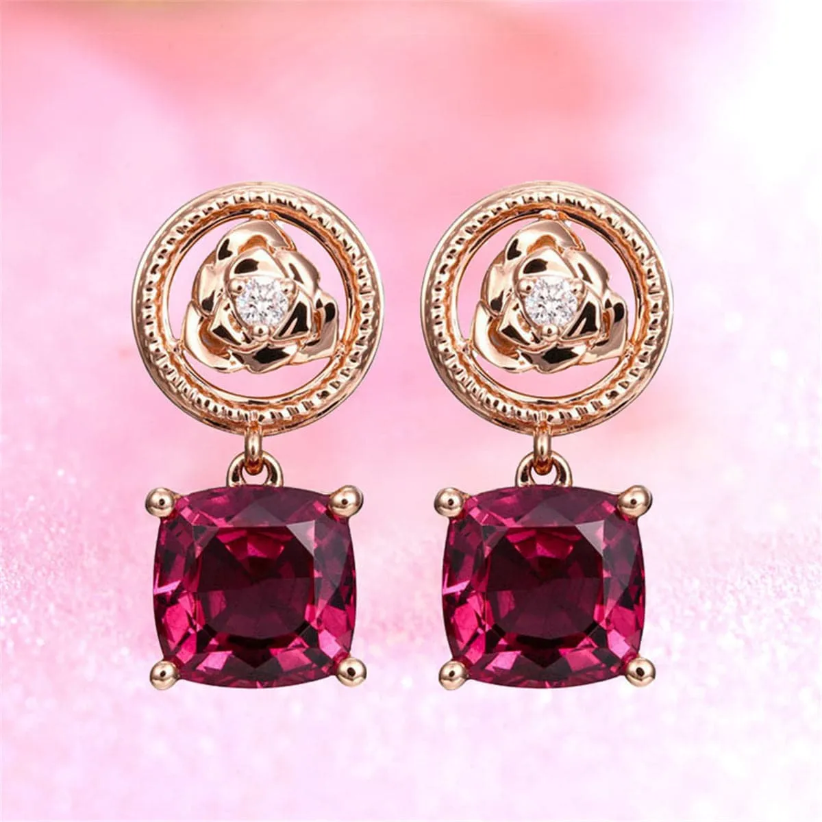 Red Crystal & Cubic Zirconia Rose Drop Earrings