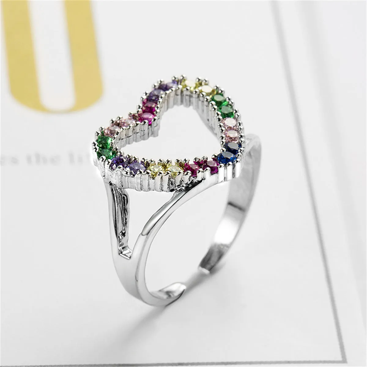 Red Cubic Zirconia & Silver-Plated Open Heart Ring
