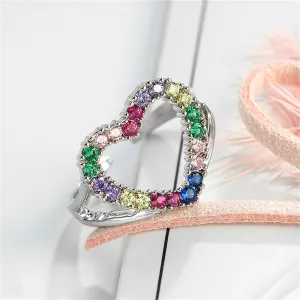 Red Cubic Zirconia & Silver-Plated Open Heart Ring