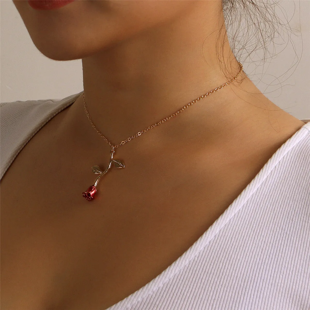 Red Enamel & 18K Gold-Plated Rose Pendant Necklace