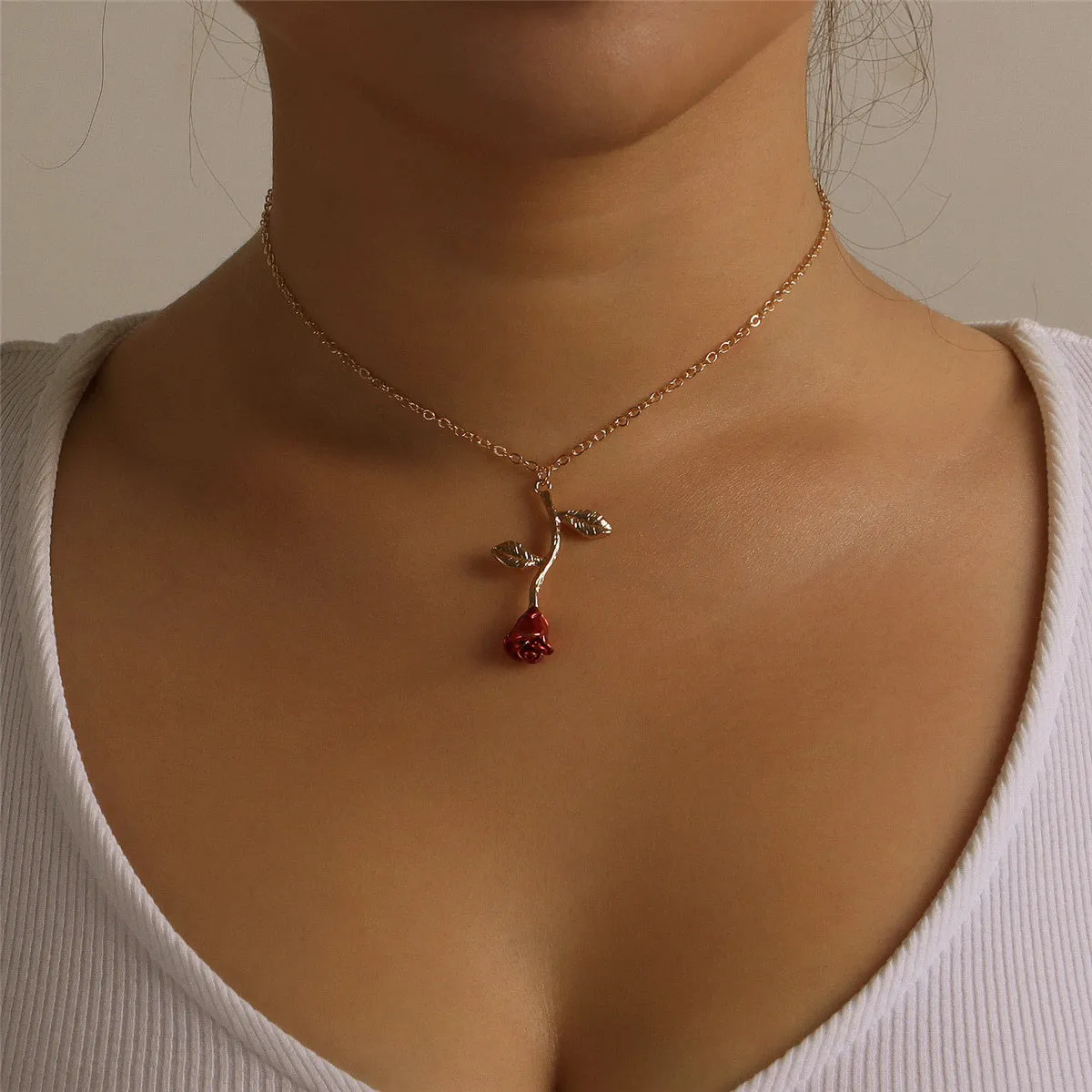 Red Enamel & 18K Gold-Plated Rose Pendant Necklace