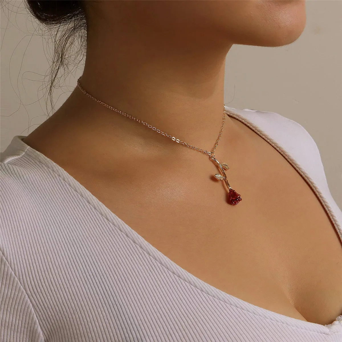 Red Enamel & 18K Gold-Plated Rose Pendant Necklace