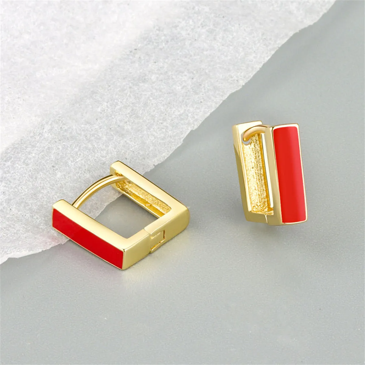 Red Enamel & 18K Gold-Plated Square Huggie Earrings