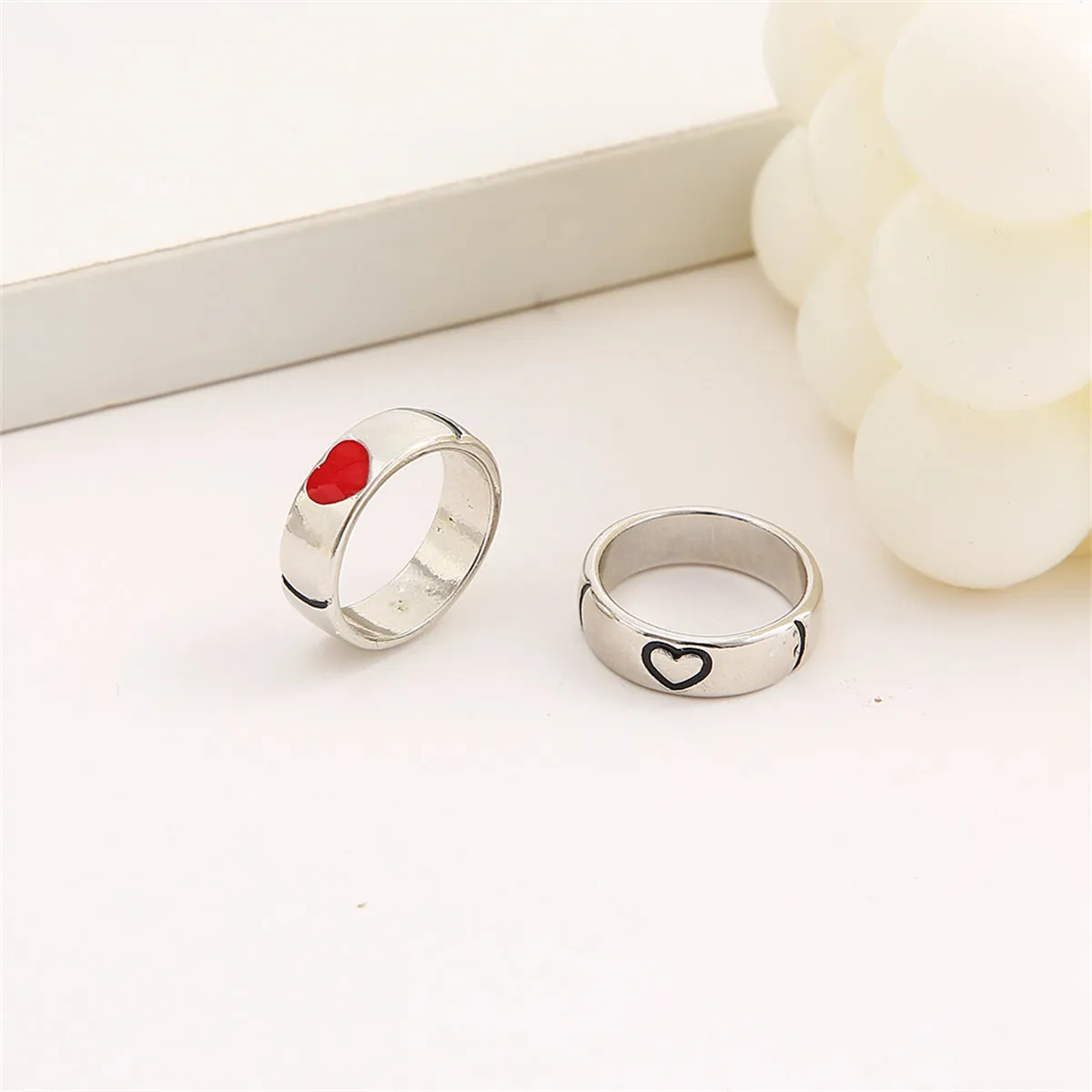 Red Enamel & Silver-Plated Heart Band Set