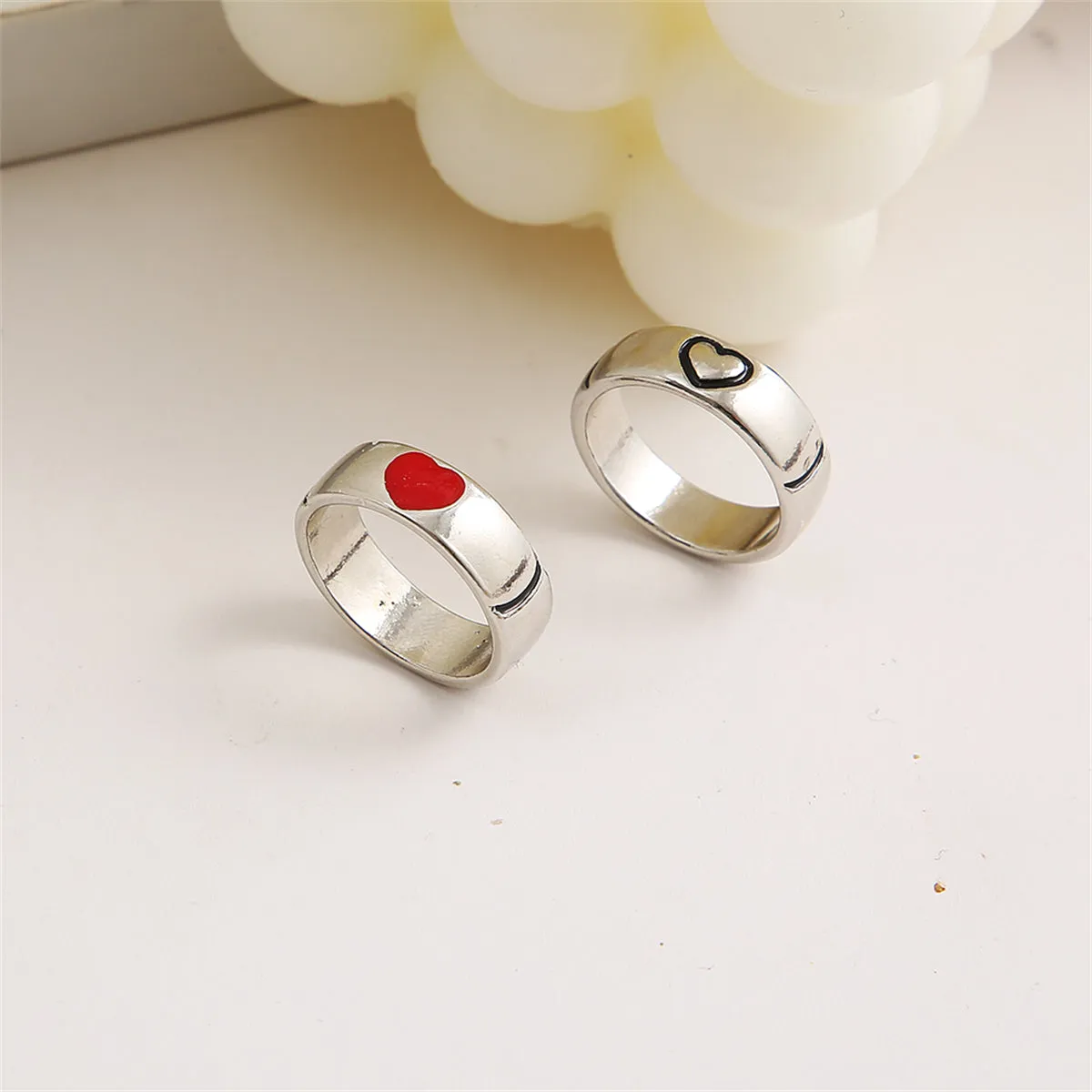 Red Enamel & Silver-Plated Heart Band Set