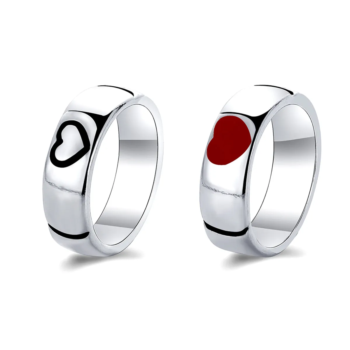 Red Enamel & Silver-Plated Heart Band Set