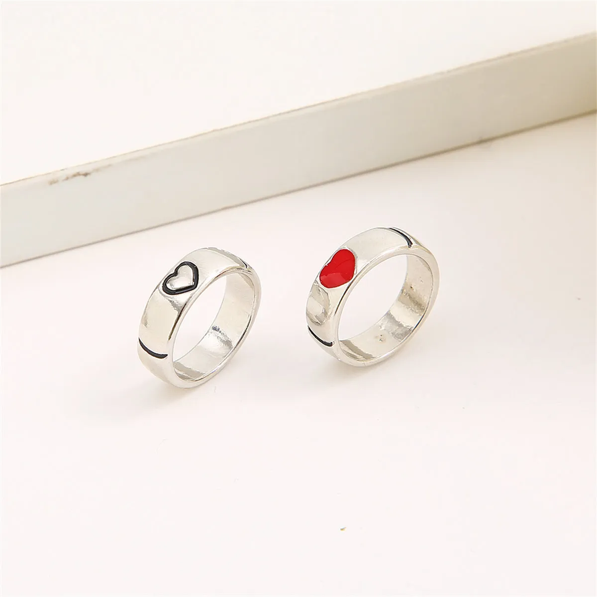 Red Enamel & Silver-Plated Heart Band Set