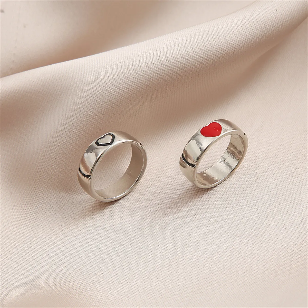 Red Enamel & Silver-Plated Heart Band Set