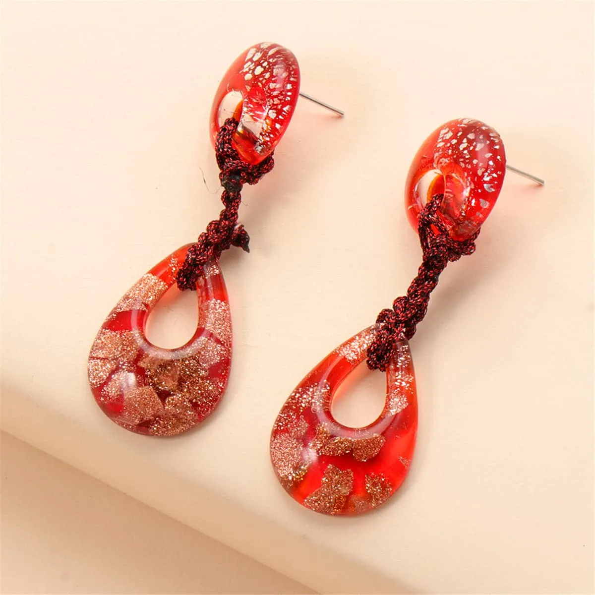 Red Geometric Teardrop Earrings