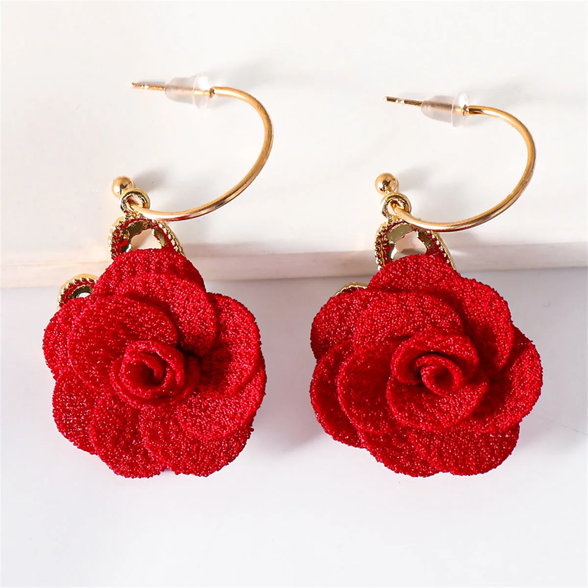 Red Lace & 18K Gold-Plated Heart Flower Drop Earrings
