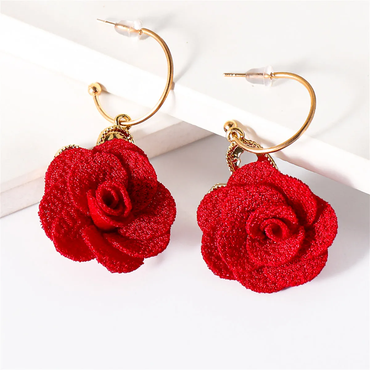 Red Lace & 18K Gold-Plated Heart Flower Drop Earrings