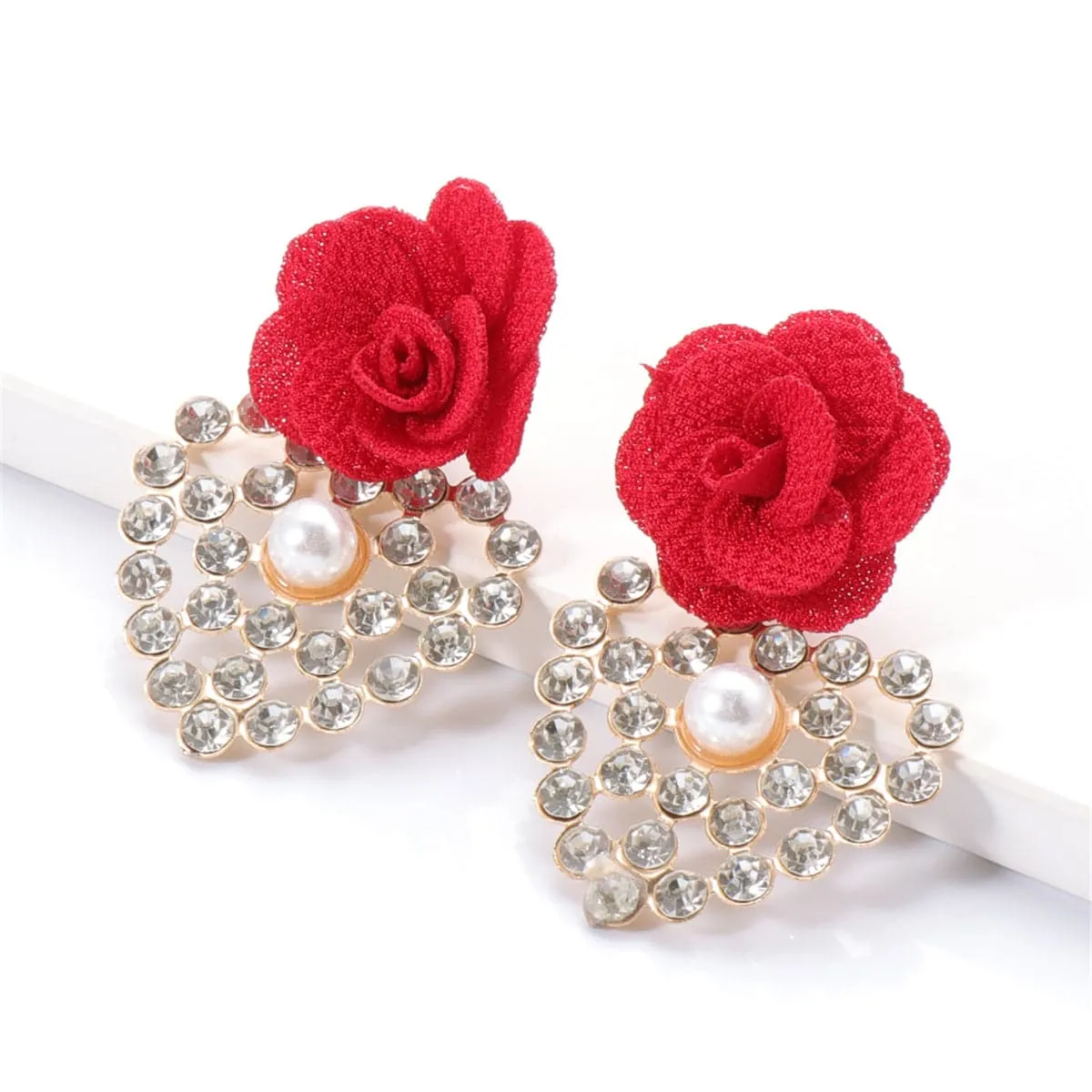 Red Lace & Cubic Zirconia Flower Drop Earrings