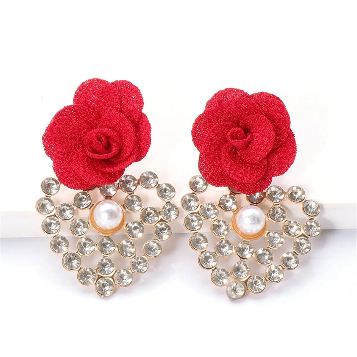 Red Lace & Cubic Zirconia Flower Drop Earrings