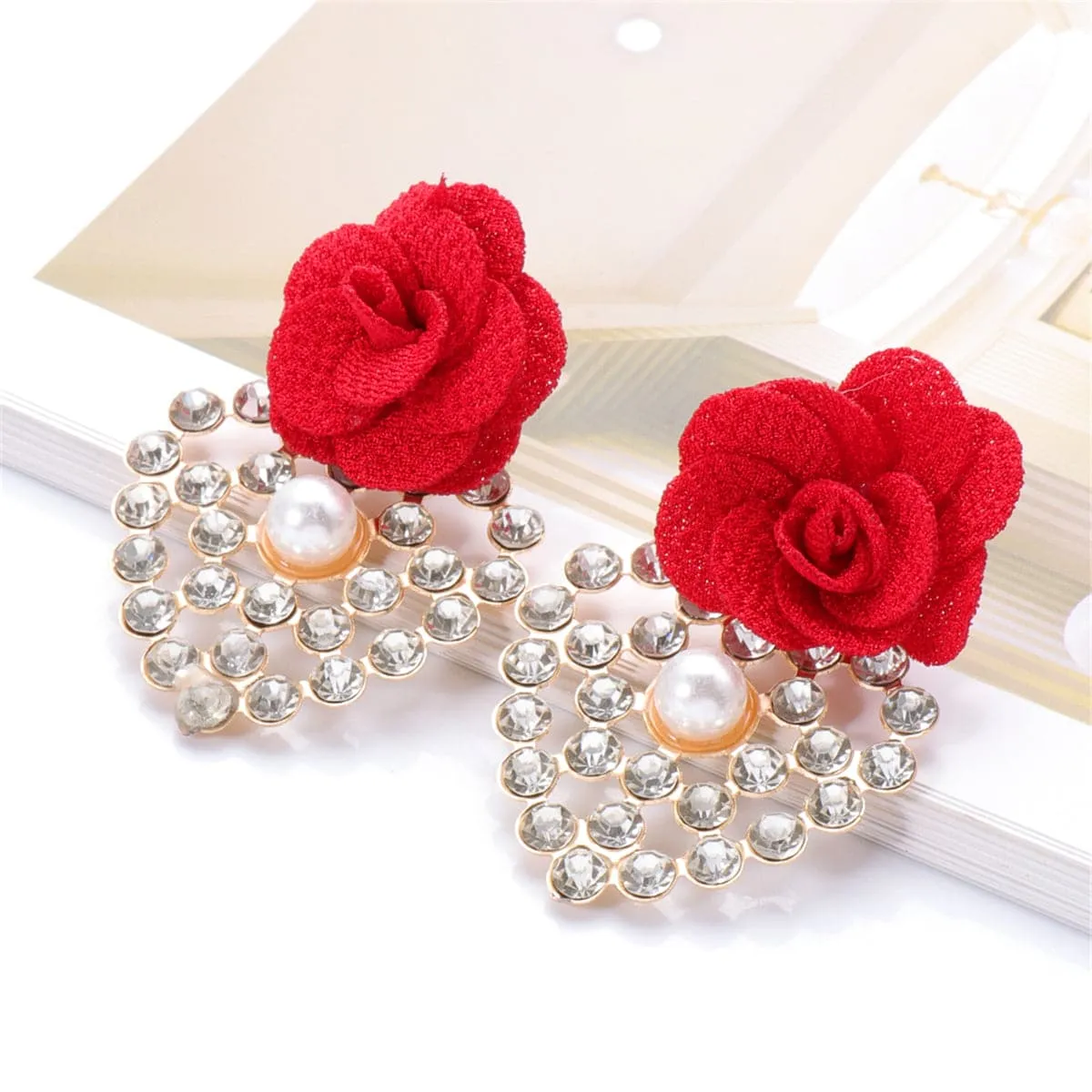 Red Lace & Cubic Zirconia Flower Drop Earrings