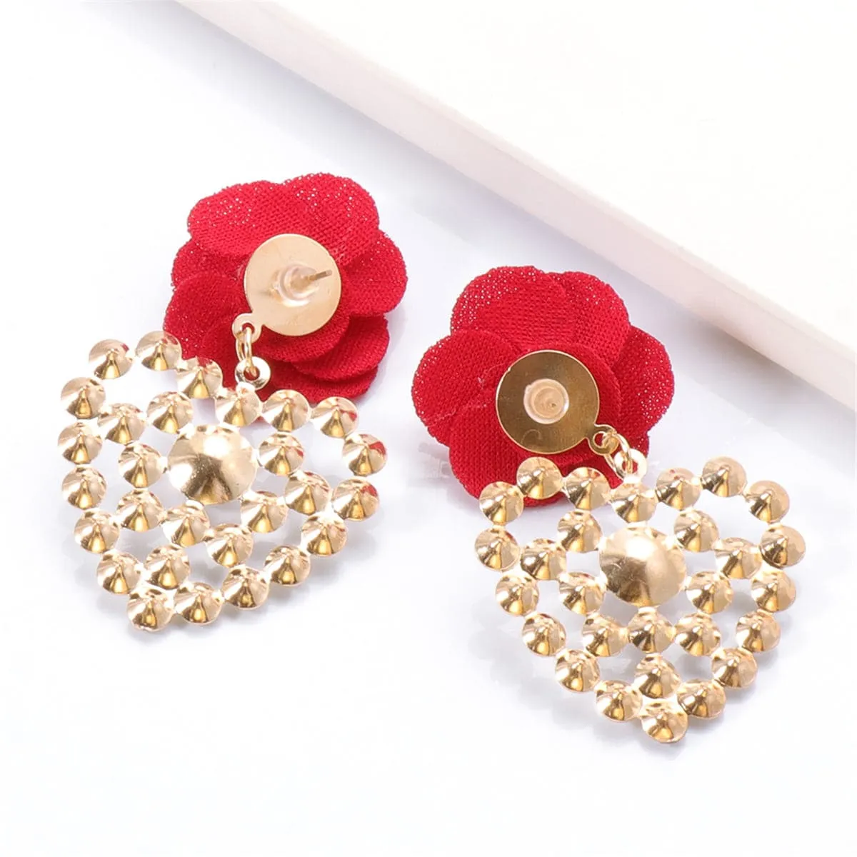 Red Lace & Cubic Zirconia Flower Drop Earrings