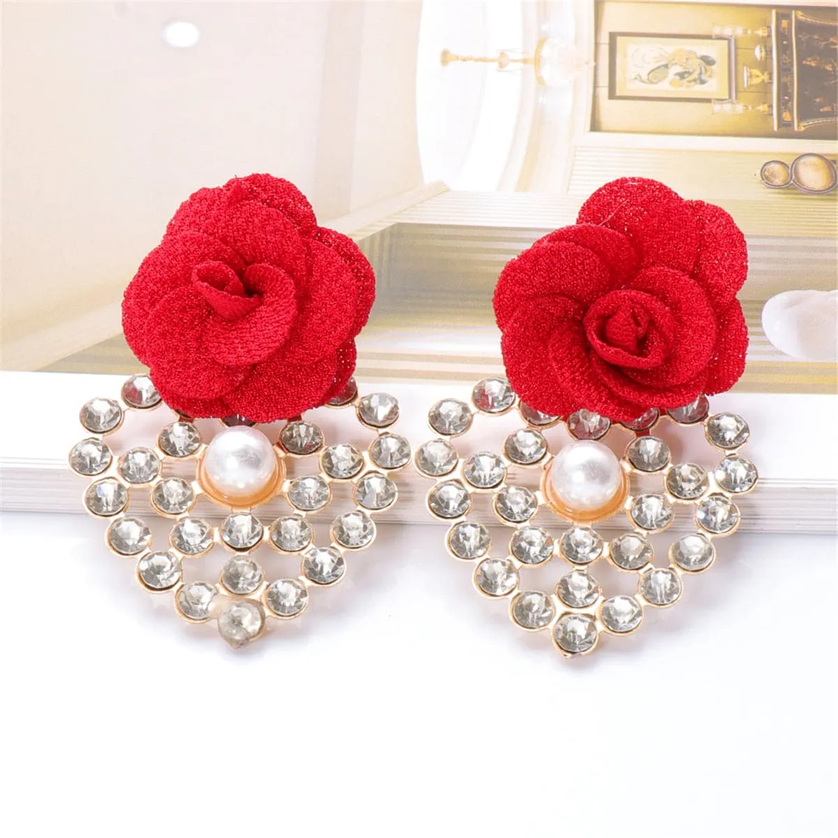 Red Lace & Cubic Zirconia Flower Drop Earrings
