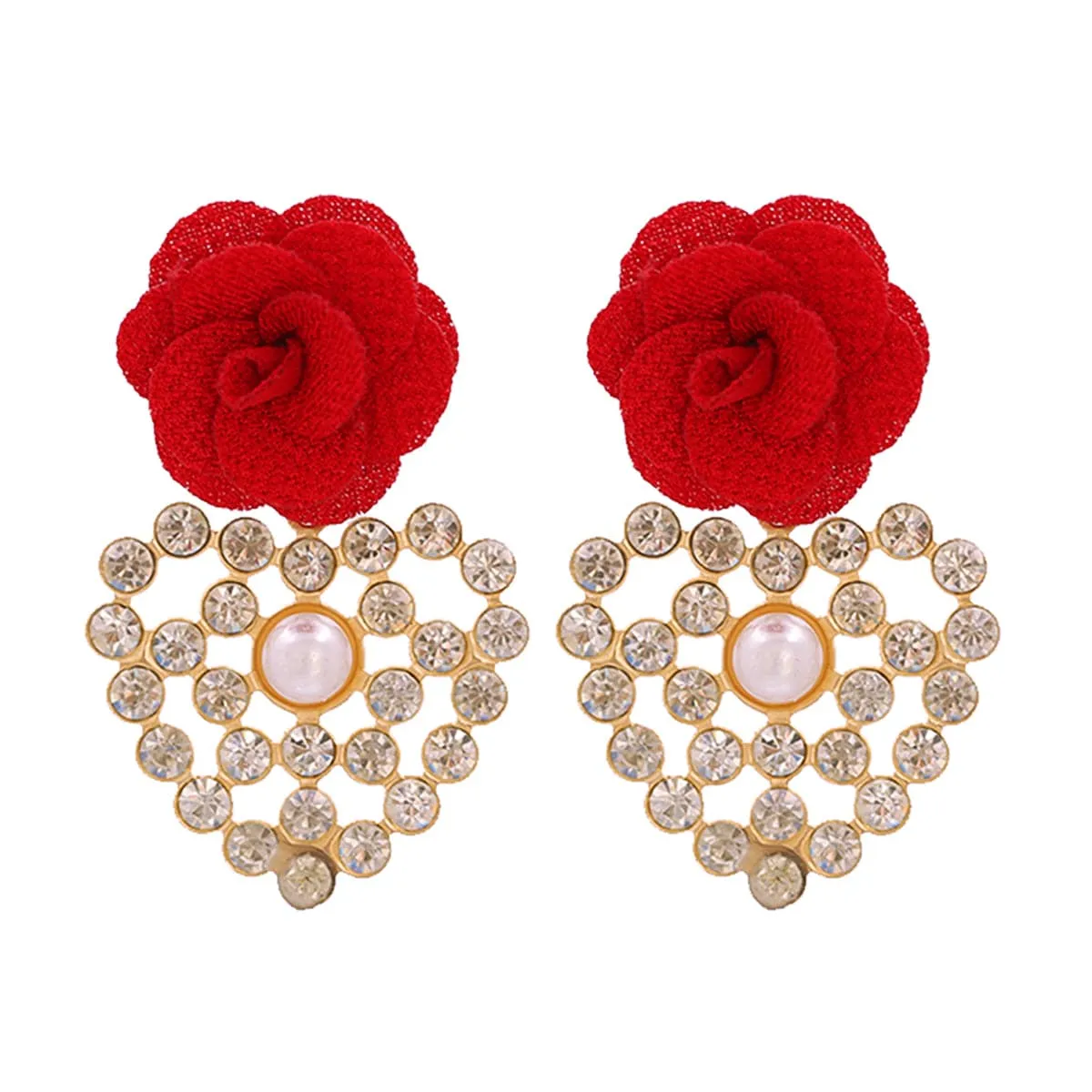 Red Lace & Cubic Zirconia Flower Drop Earrings