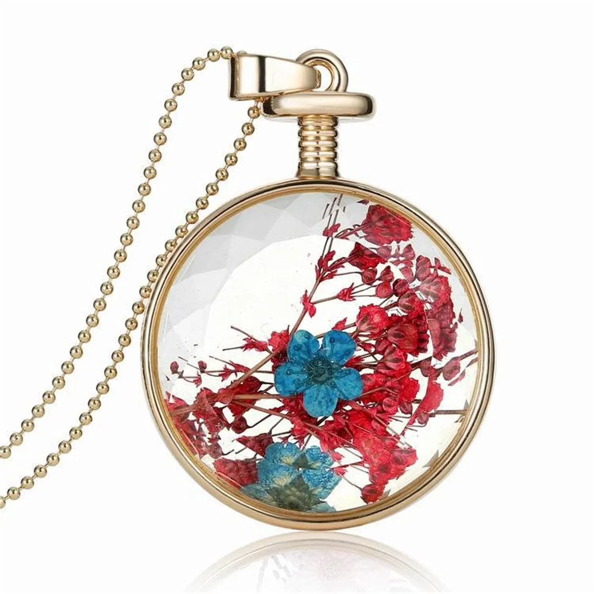Red Peach Blossom & 18K Gold-Plated Round Pendant Necklace