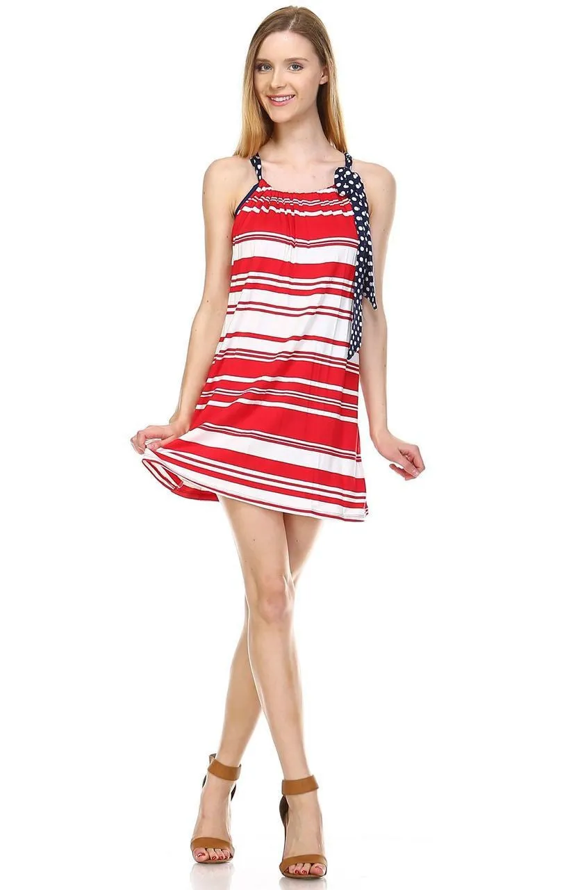 Red Stripe 3 Tunic Dress with Navy Polka Dot Shoulder Bow