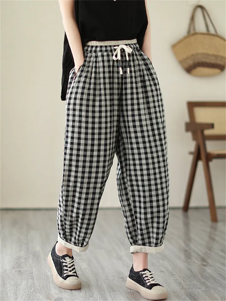 Retro Black & White Plaid Linen Casual Pants for Women