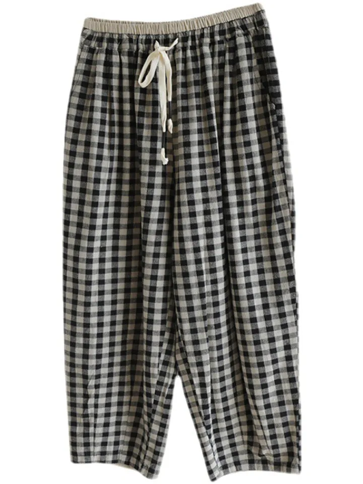 Retro Black & White Plaid Linen Casual Pants for Women
