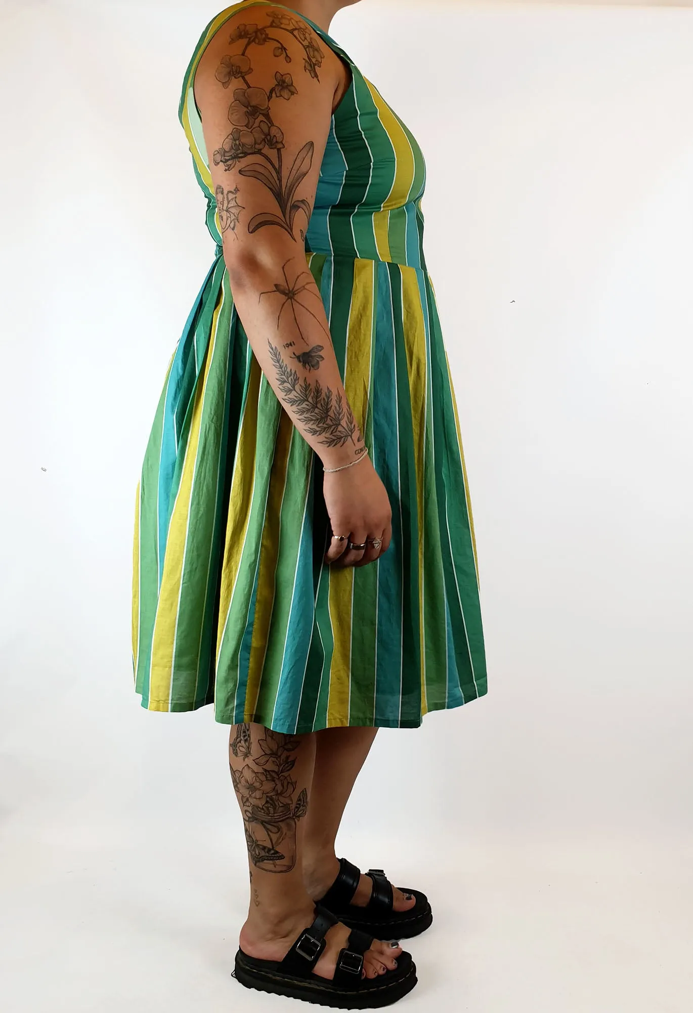 Revival green, blue and mustard striped dress size 16