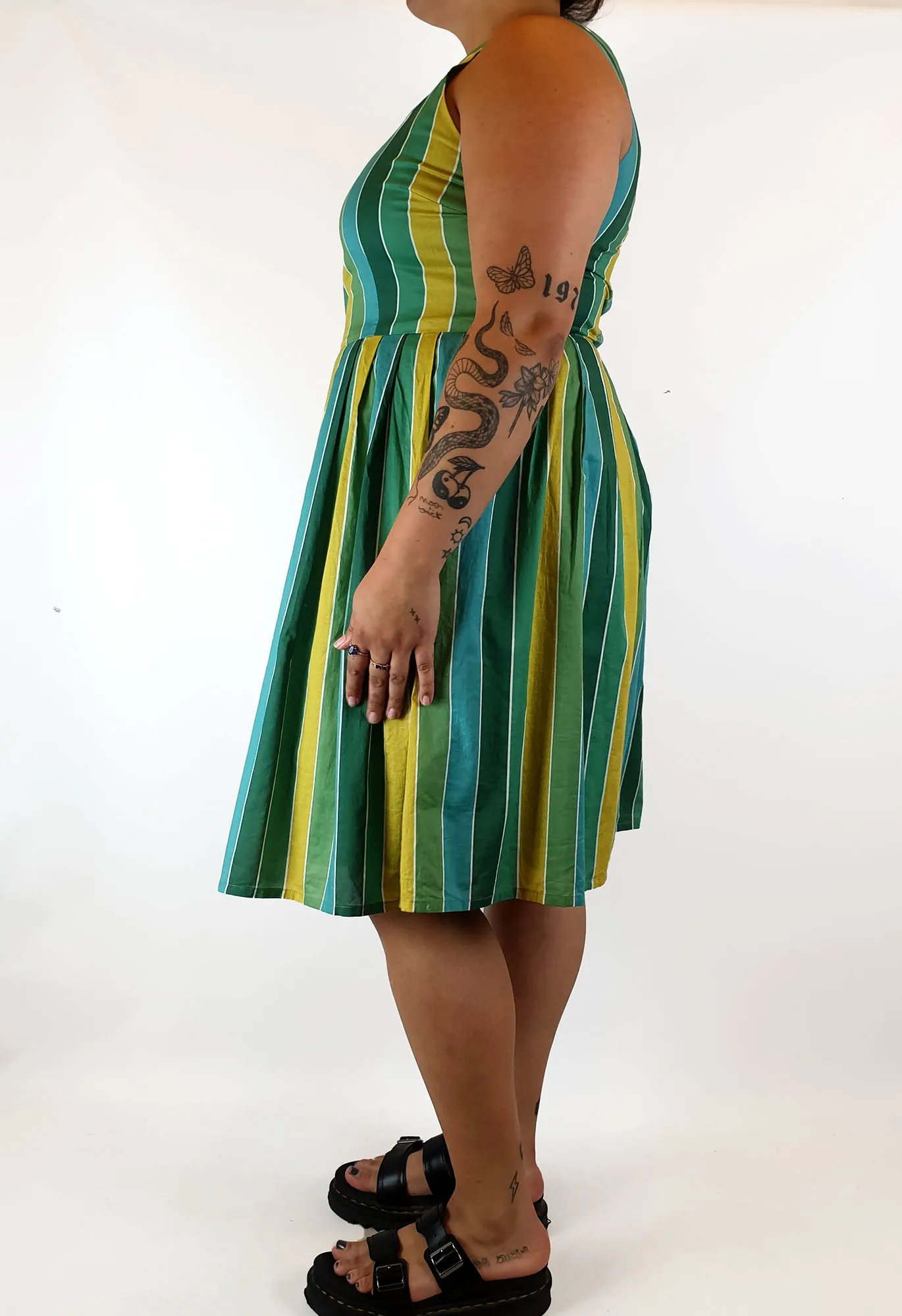 Revival green, blue and mustard striped dress size 16