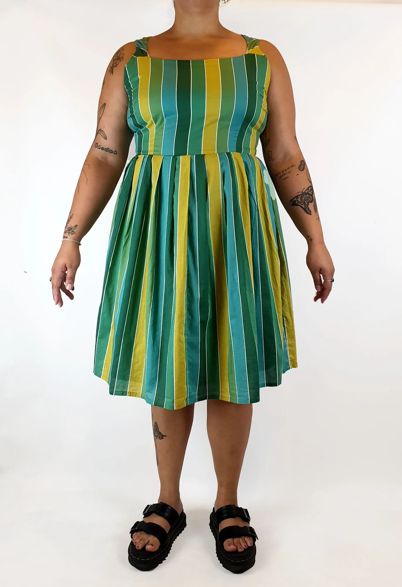 Revival green, blue and mustard striped dress size 16