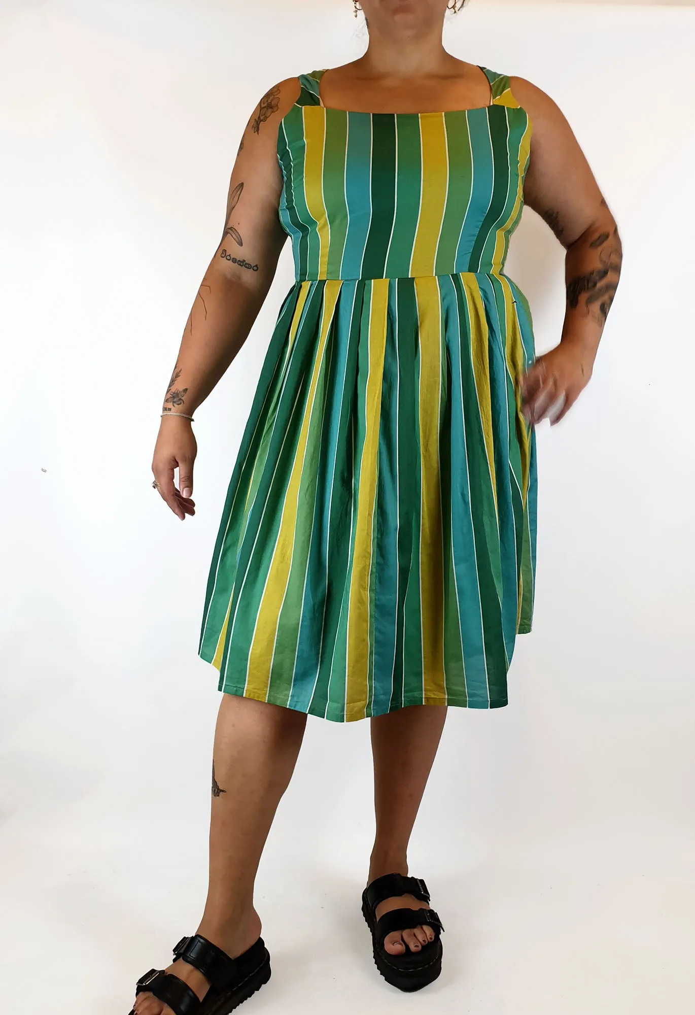 Revival green, blue and mustard striped dress size 16