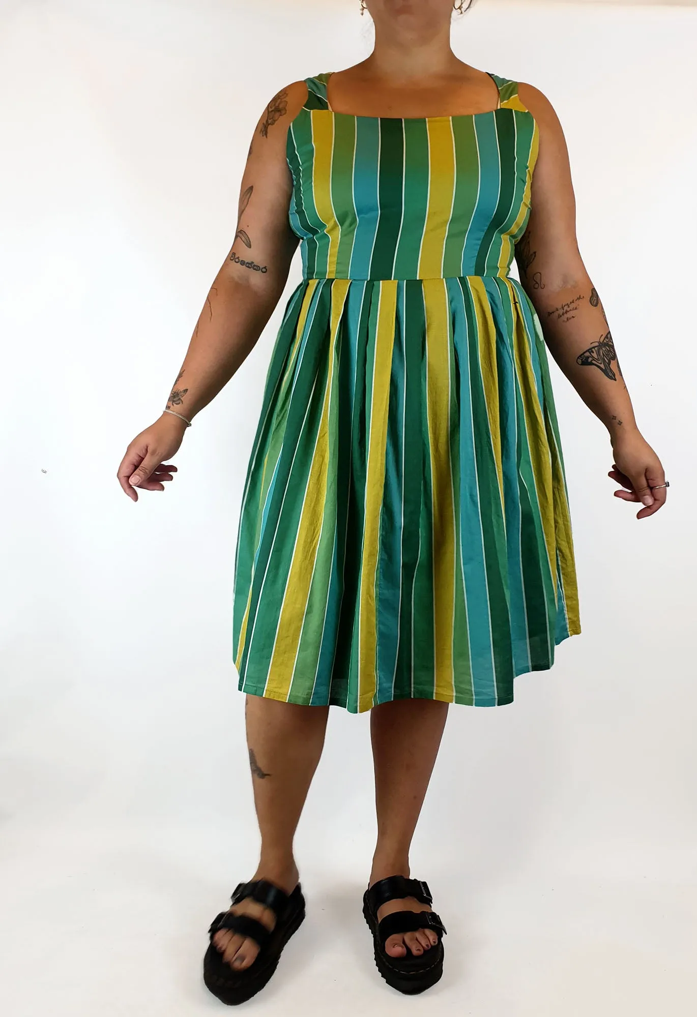 Revival green, blue and mustard striped dress size 16