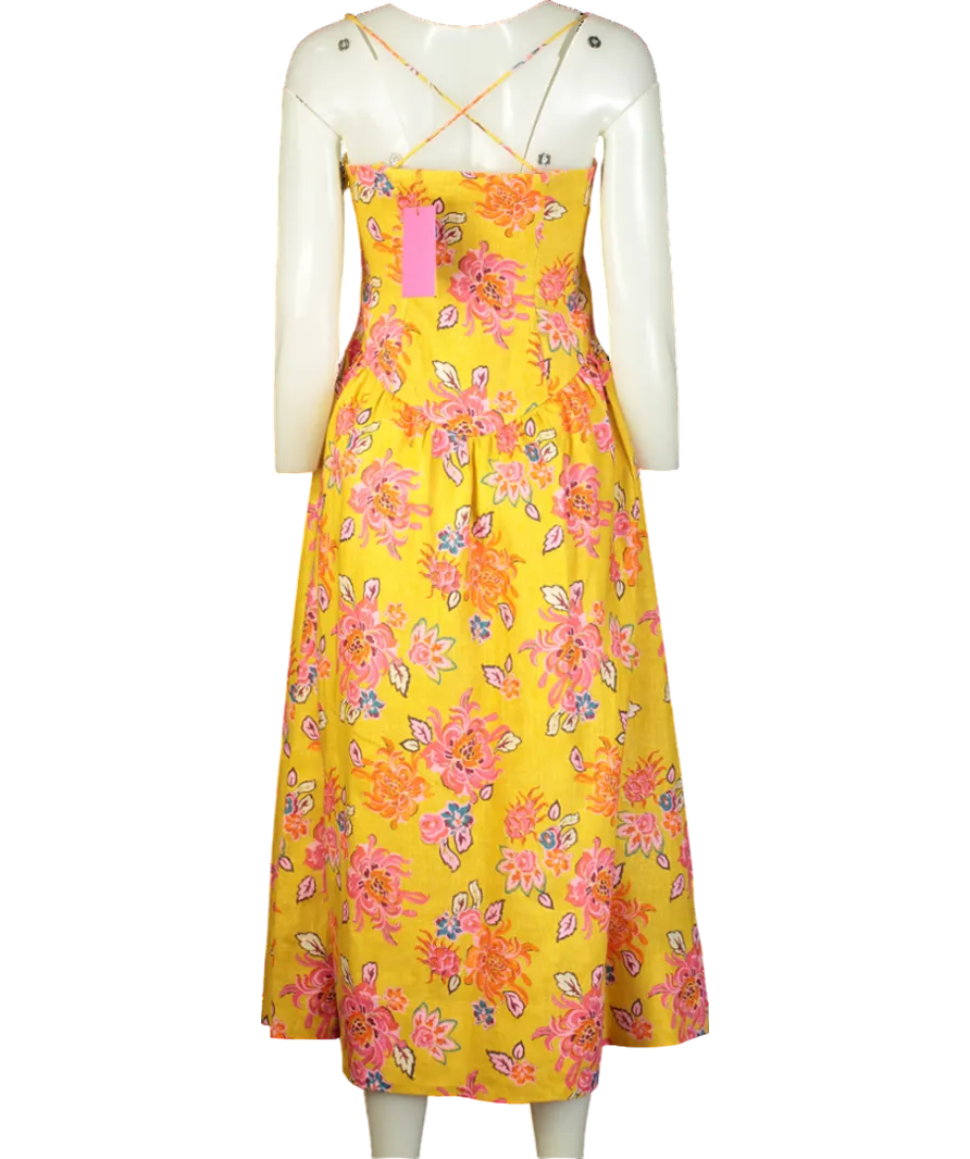 Rhode Resort Yellow floral Sophie Linen Midi Dress UK 8