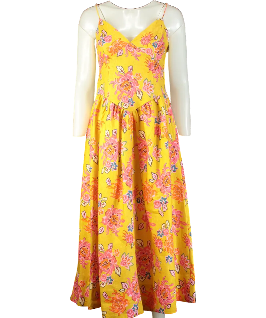 Rhode Resort Yellow floral Sophie Linen Midi Dress UK 8